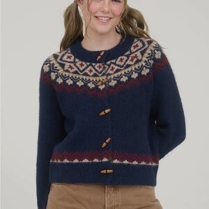 Navy Blue Fairy Isle Sweater with Wooden Toggle Buttons